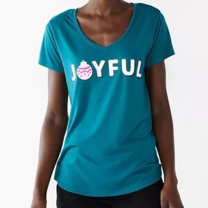 NWT Women’s Teal V Neck Short Sleeve Holiday Graphic T-Shirt “Joyful” - Size L